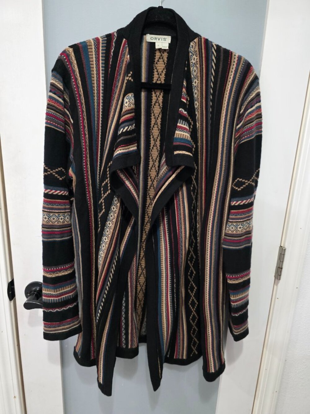 Orvis Multicolor Black Open Front Sweater Women’s Large‎ Patterned Cardigan